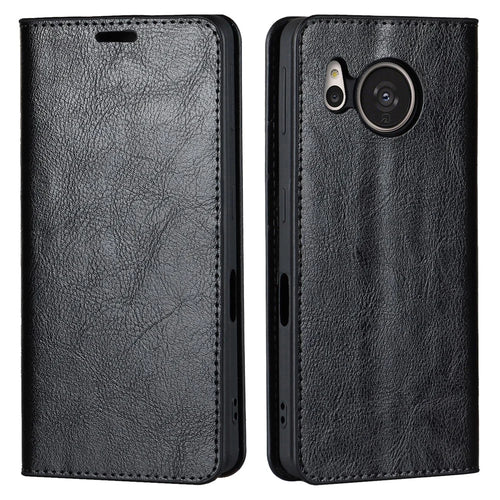 For Sharp Aquos Sense 7 Plus Supporting Stand Flip Wallet Crazy Horse Texture Genuine Leather Cover Magnetic Phone Case - Black - 1