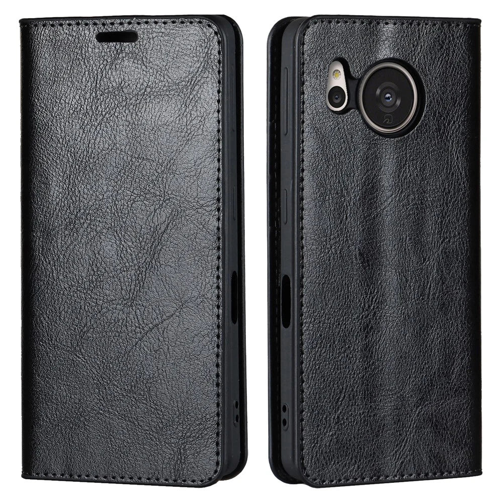 For Sharp Aquos Sense 7 Plus Supporting Stand Flip Wallet Crazy Horse Texture Genuine Leather Cover Magnetic Phone Case - Black - 1