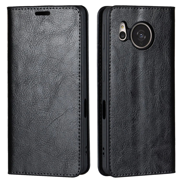 For Sharp Aquos Sense 7 Plus Supporting Stand Flip Wallet Crazy Horse Texture Genuine Leather Cover Magnetic Phone Case - Black - 1