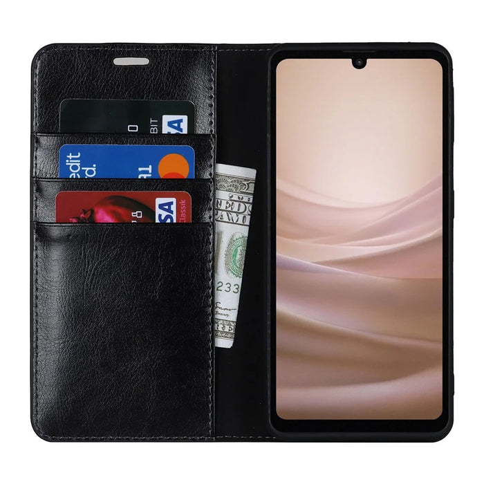 For Sharp Aquos Sense 7 Plus Supporting Stand Flip Wallet Crazy Horse Texture Genuine Leather Cover Magnetic Phone Case - Black - 2