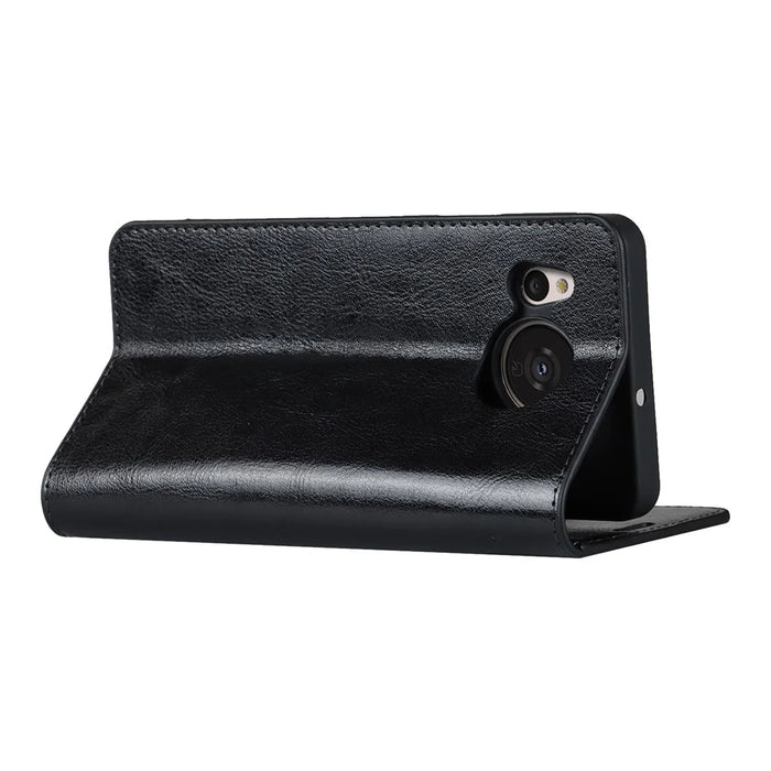 For Sharp Aquos Sense 7 Plus Supporting Stand Flip Wallet Crazy Horse Texture Genuine Leather Cover Magnetic Phone Case - Black - 4