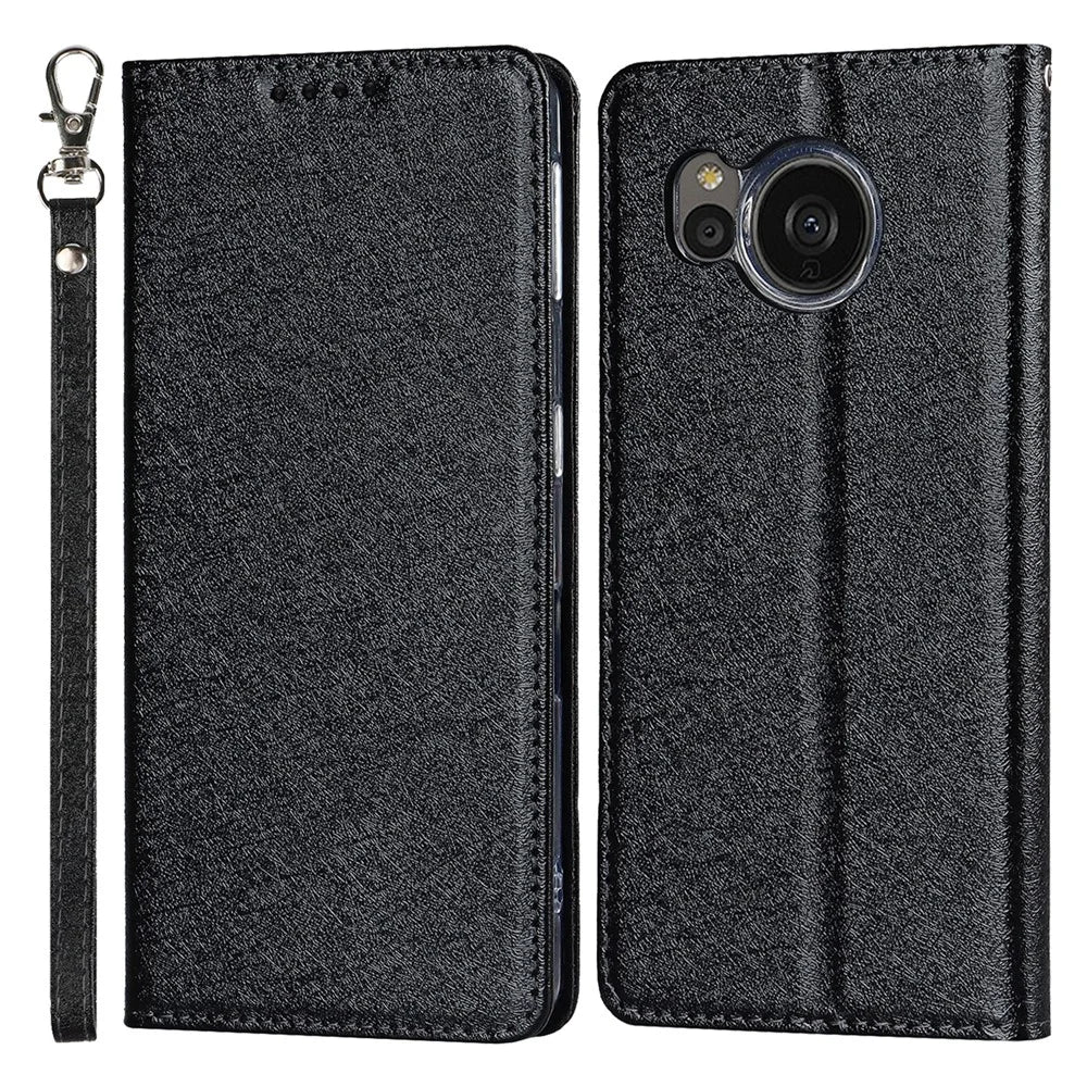 For Sharp Aquos Sense 7 Anti-Fingerprint PU Leather Wallet Phone Case Silk Texture Stand Phone Cover Protector with Wrist Strap - Black - 1