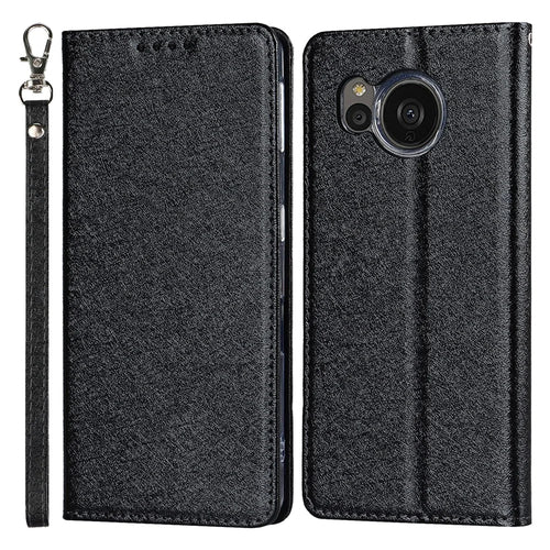 For Sharp Aquos Sense 7 Anti-Fingerprint PU Leather Wallet Phone Case Silk Texture Stand Phone Cover Protector with Wrist Strap - Black - 1
