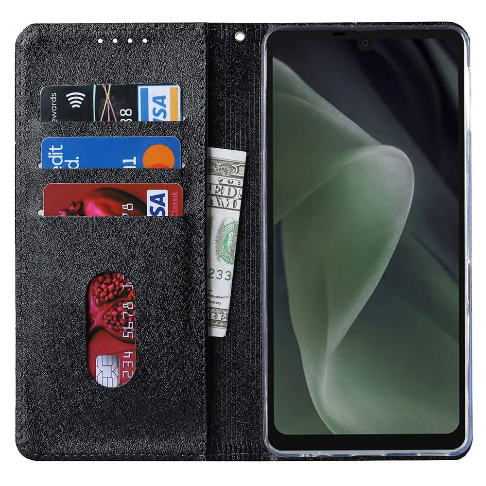 For Sharp Aquos Sense 7 Anti-Fingerprint PU Leather Wallet Phone Case Silk Texture Stand Phone Cover Protector with Wrist Strap - Black - 2
