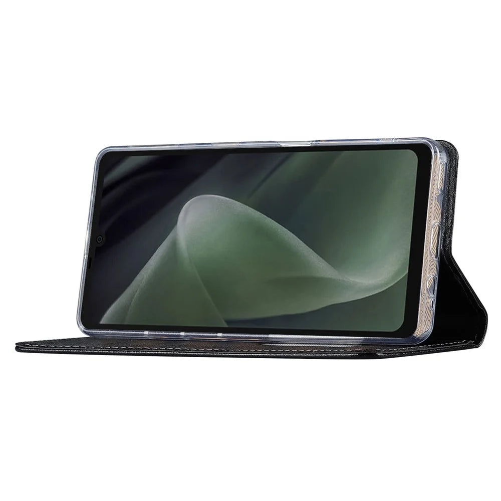 For Sharp Aquos Sense 7 Anti-Fingerprint PU Leather Wallet Phone Case Silk Texture Stand Phone Cover Protector with Wrist Strap - Black - 3