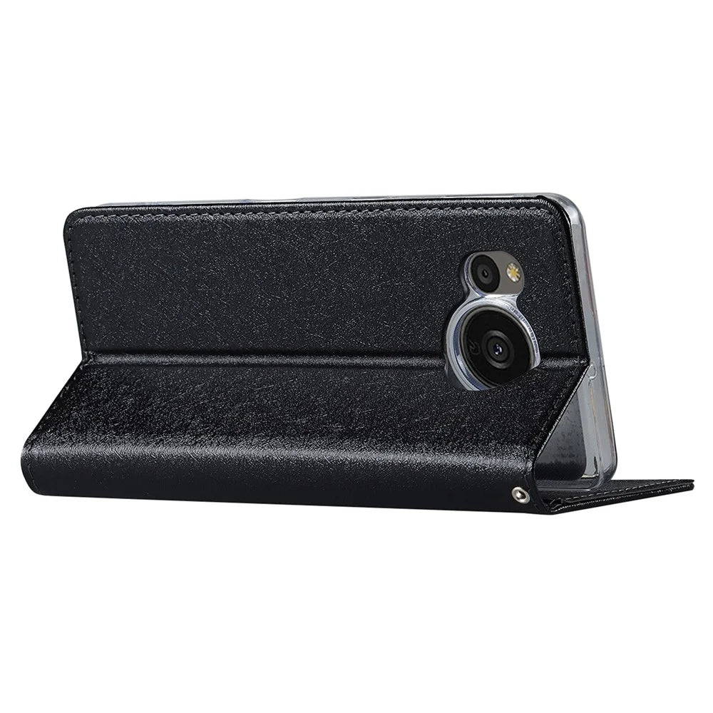 For Sharp Aquos Sense 7 Anti-Fingerprint PU Leather Wallet Phone Case Silk Texture Stand Phone Cover Protector with Wrist Strap - Black - 4