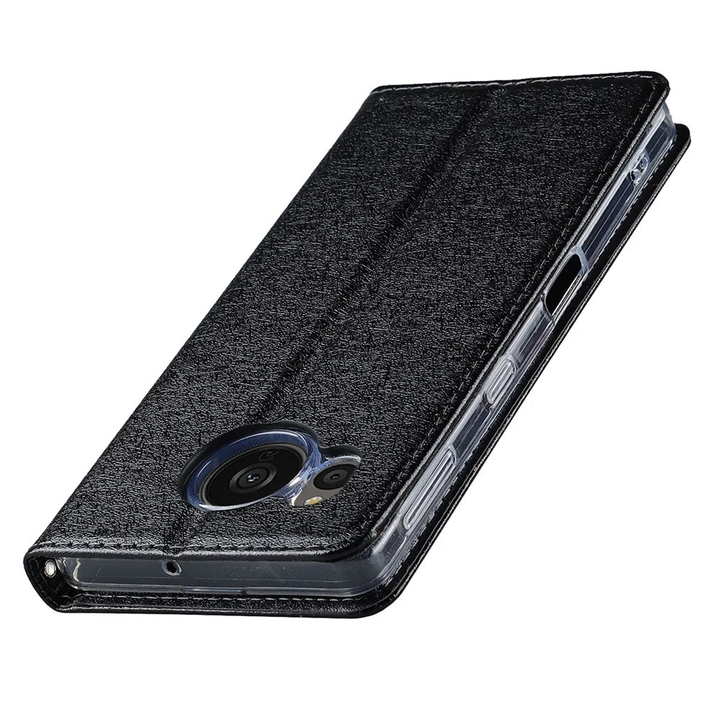 For Sharp Aquos Sense 7 Anti-Fingerprint PU Leather Wallet Phone Case Silk Texture Stand Phone Cover Protector with Wrist Strap - Black - 5