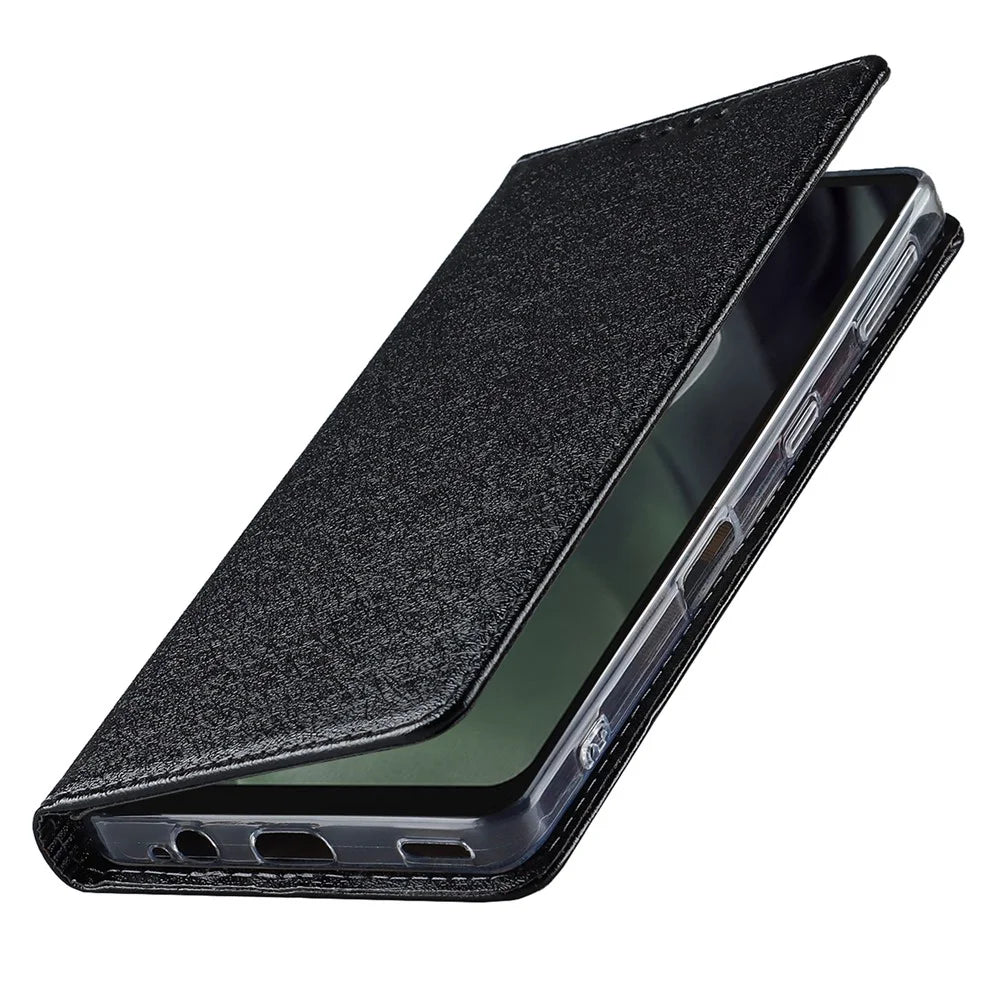For Sharp Aquos Sense 7 Anti-Fingerprint PU Leather Wallet Phone Case Silk Texture Stand Phone Cover Protector with Wrist Strap - Black - 6