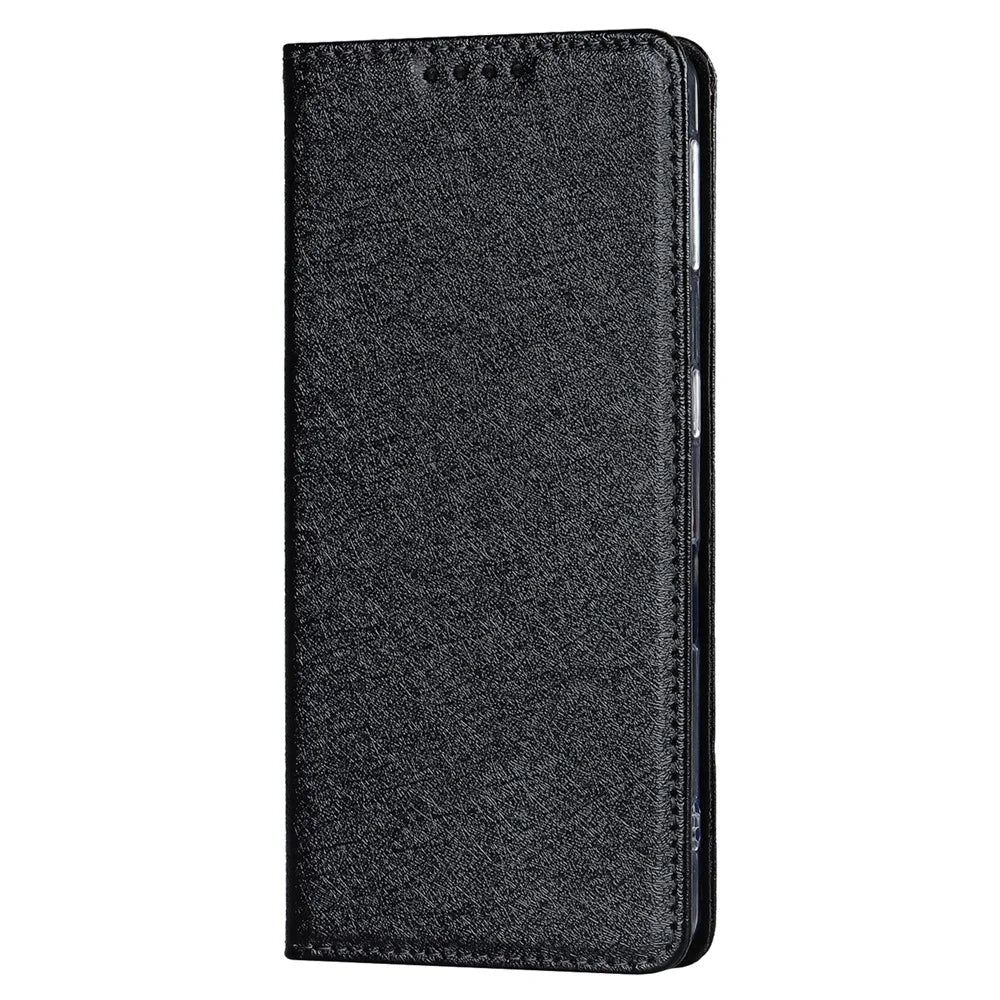 For Sharp Aquos Sense 7 Anti-Fingerprint PU Leather Wallet Phone Case Silk Texture Stand Phone Cover Protector with Wrist Strap - Black - 7