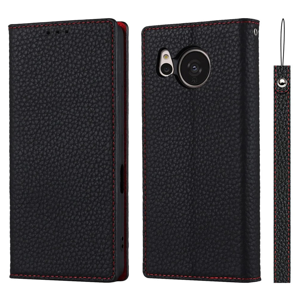 For Sharp Aquos Sense 7 Genuine Leather Case Anti-Scratch Litchi Texture Flip Wallet Stand Phone Protective Cover with Strap - Black - 1