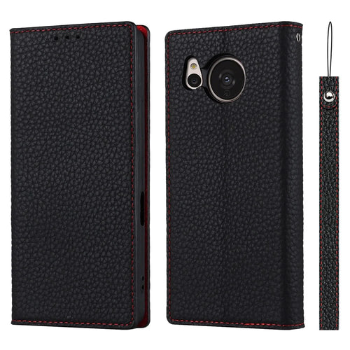 For Sharp Aquos Sense 7 Genuine Leather Case Anti-Scratch Litchi Texture Flip Wallet Stand Phone Protective Cover with Strap - Black - 1