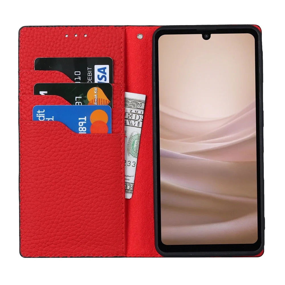 For Sharp Aquos Sense 7 Genuine Leather Case Anti-Scratch Litchi Texture Flip Wallet Stand Phone Protective Cover with Strap - Black - 2