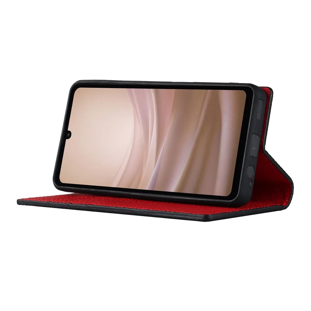 For Sharp Aquos Sense 7 Genuine Leather Case Anti-Scratch Litchi Texture Flip Wallet Stand Phone Protective Cover with Strap - Black - 3