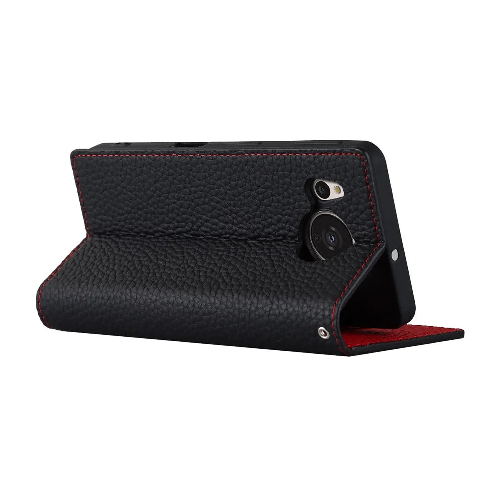 For Sharp Aquos Sense 7 Genuine Leather Case Anti-Scratch Litchi Texture Flip Wallet Stand Phone Protective Cover with Strap - Black - 4