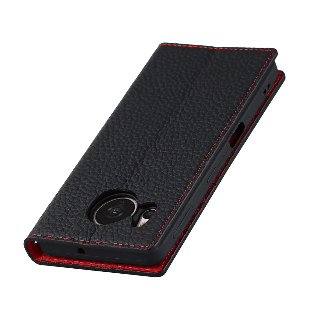 For Sharp Aquos Sense 7 Genuine Leather Case Anti-Scratch Litchi Texture Flip Wallet Stand Phone Protective Cover with Strap - Black - 5