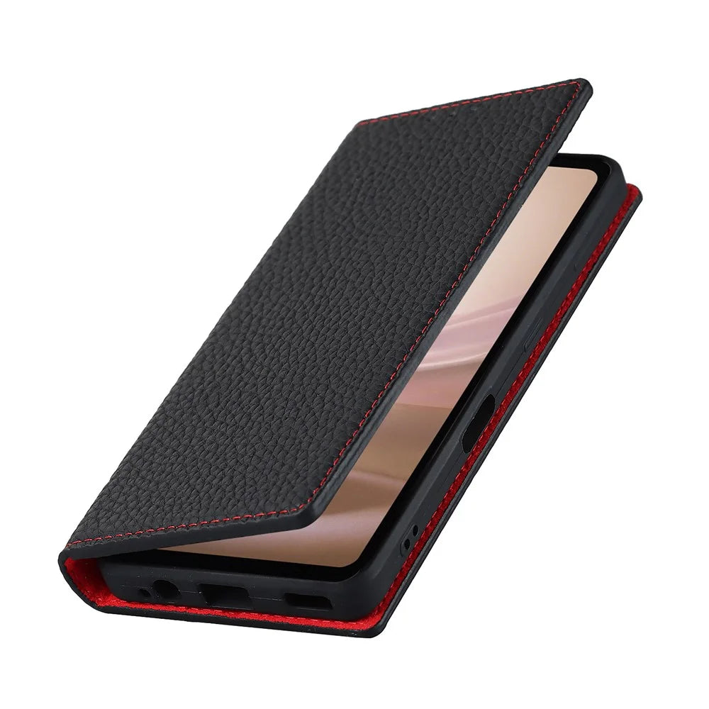 For Sharp Aquos Sense 7 Genuine Leather Case Anti-Scratch Litchi Texture Flip Wallet Stand Phone Protective Cover with Strap - Black - 6