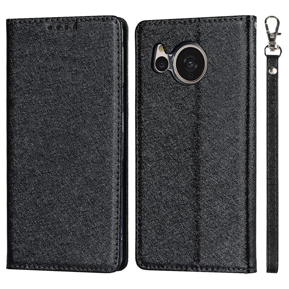 For Sharp Aquos Sense 7 Plus Scratch-resistant PU Leather Silk Texture Wallet Phone Case Stand Protector with Wrist Strap - Black - 1