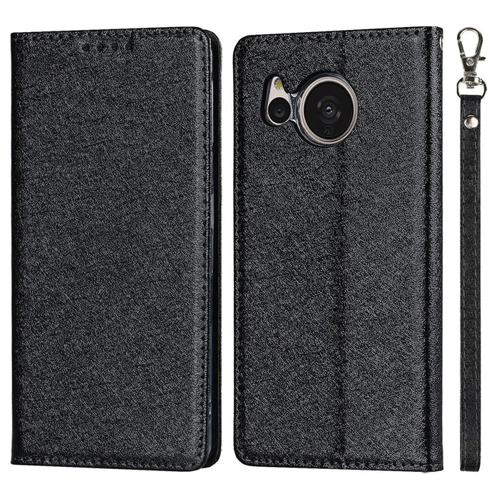 For Sharp Aquos Sense 7 Plus Scratch-resistant PU Leather Silk Texture Wallet Phone Case Stand Protector with Wrist Strap - Black - 1