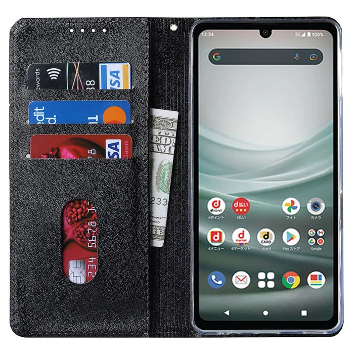 For Sharp Aquos Sense 7 Plus Scratch-resistant PU Leather Silk Texture Wallet Phone Case Stand Protector with Wrist Strap - Black - 2