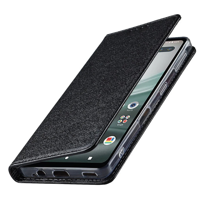 For Sharp Aquos Sense 7 Plus Scratch-resistant PU Leather Silk Texture Wallet Phone Case Stand Protector with Wrist Strap - Black - 5