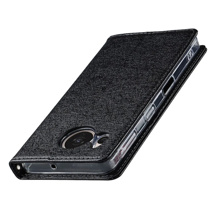 For Sharp Aquos Sense 7 Plus Scratch-resistant PU Leather Silk Texture Wallet Phone Case Stand Protector with Wrist Strap - Black - 6