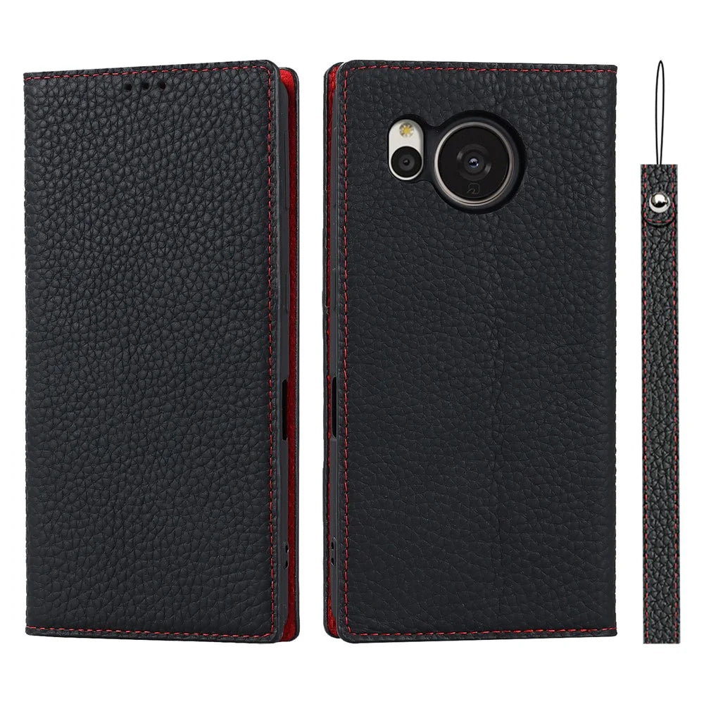 For Sharp Aquos Sense 7 Plus Stand Design Phone Cell Phone Cover Anti-Drop Litchi Texture Genuine Leather Case Flip Wallet with Hand Strap - Black - 1