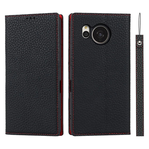 For Sharp Aquos Sense 7 Plus Stand Design Phone Cell Phone Cover Anti-Drop Litchi Texture Genuine Leather Case Flip Wallet with Hand Strap - Black - 1
