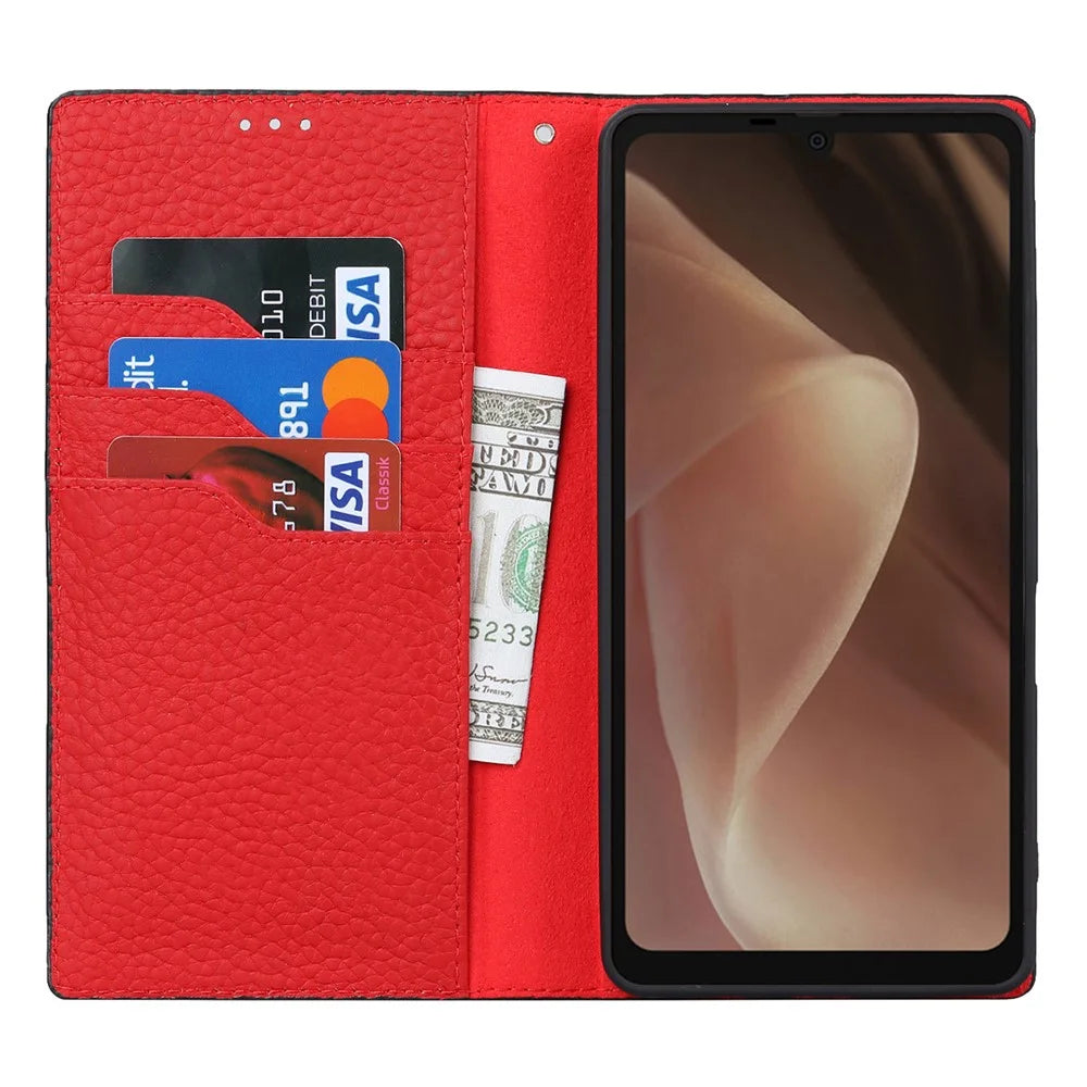 For Sharp Aquos Sense 7 Plus Stand Design Phone Cell Phone Cover Anti-Drop Litchi Texture Genuine Leather Case Flip Wallet with Hand Strap - Black - 2