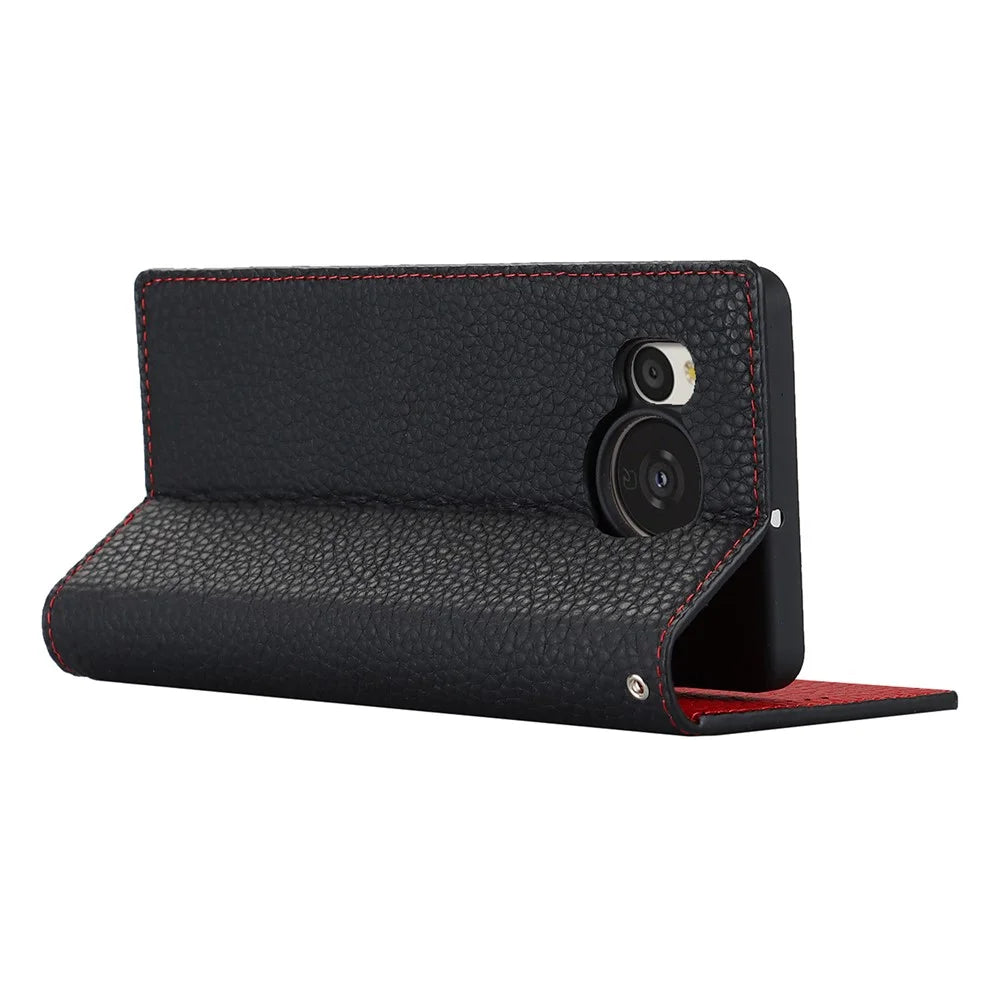 For Sharp Aquos Sense 7 Plus Stand Design Phone Cell Phone Cover Anti-Drop Litchi Texture Genuine Leather Case Flip Wallet with Hand Strap - Black - 4