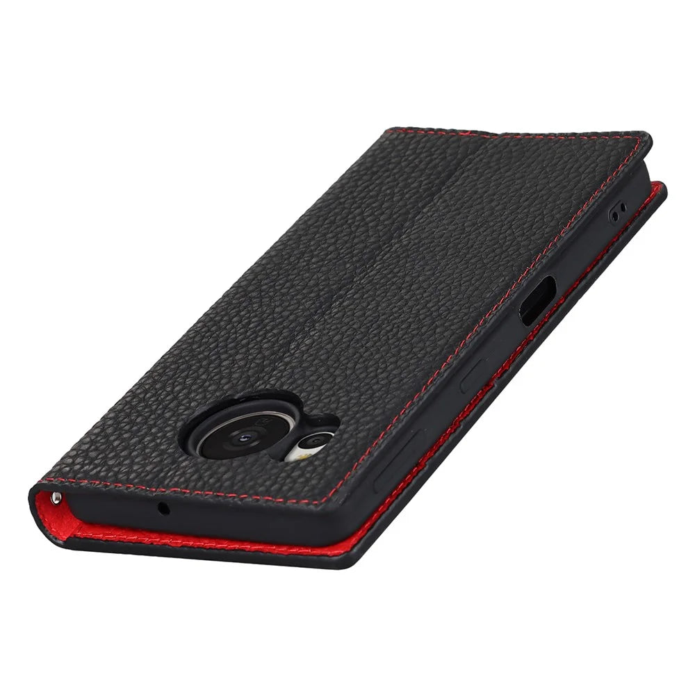 For Sharp Aquos Sense 7 Plus Stand Design Phone Cell Phone Cover Anti-Drop Litchi Texture Genuine Leather Case Flip Wallet with Hand Strap - Black - 5