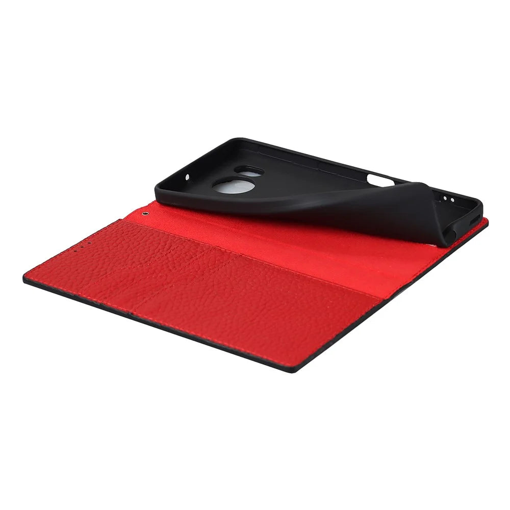 For Sharp Aquos Sense 7 Plus Stand Design Phone Cell Phone Cover Anti-Drop Litchi Texture Genuine Leather Case Flip Wallet with Hand Strap - Black - 7