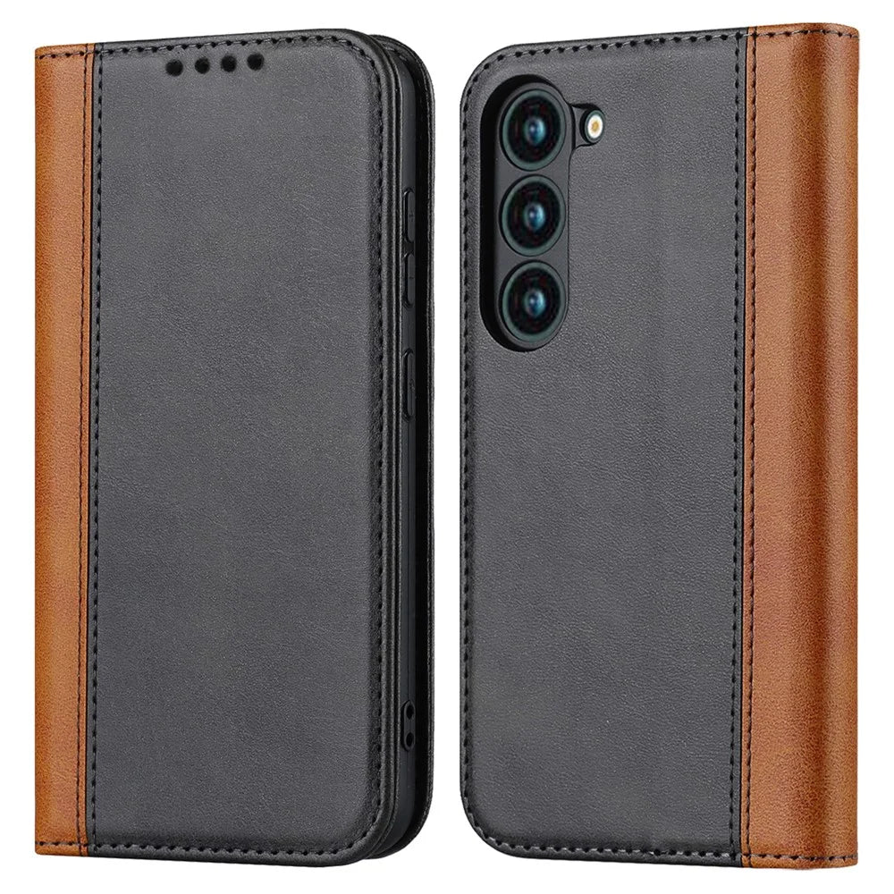 For Samsung Galaxy S23+ Phone Cover Bi-color Splicing Magnetic Closure PU Leather Calf Texture Stand Flip Wallet Case - Black / Yellow - 1