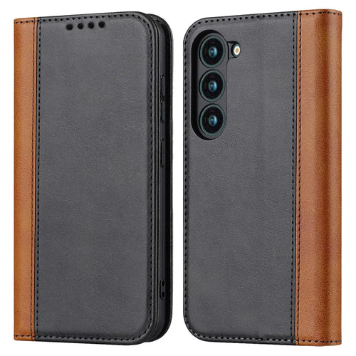 For Samsung Galaxy S23+ Phone Cover Bi-color Splicing Magnetic Closure PU Leather Calf Texture Stand Flip Wallet Case - Black / Yellow - 1