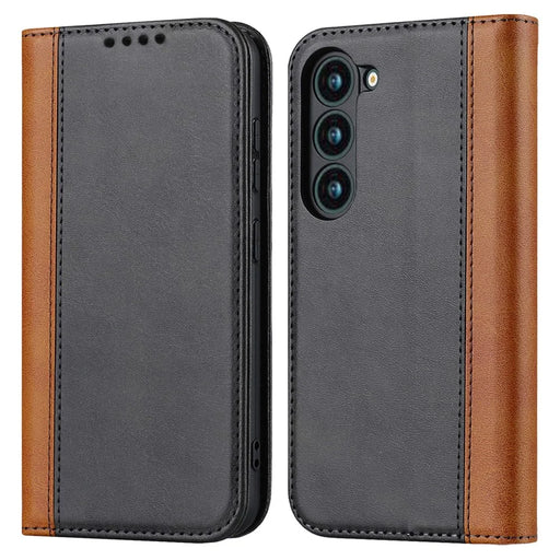 For Samsung Galaxy S23+ Phone Cover Bi-color Splicing Magnetic Closure PU Leather Calf Texture Stand Flip Wallet Case - Black / Yellow - 1