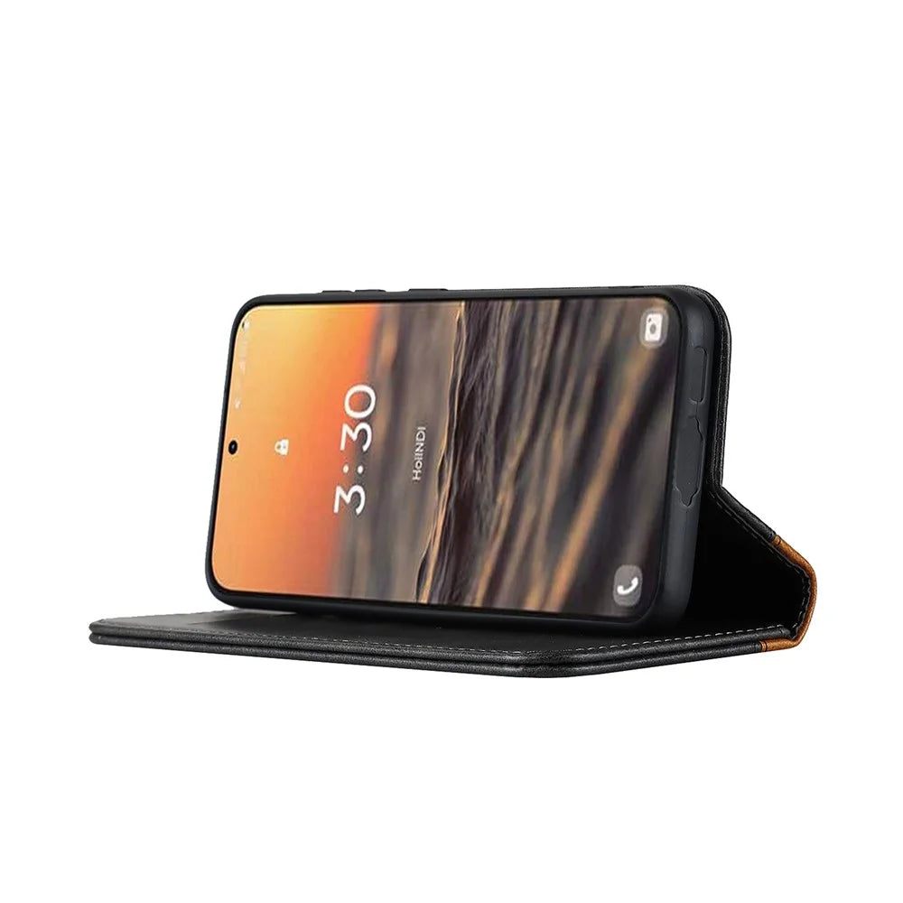For Samsung Galaxy S23+ Phone Cover Bi-color Splicing Magnetic Closure PU Leather Calf Texture Stand Flip Wallet Case - Black / Yellow - 3