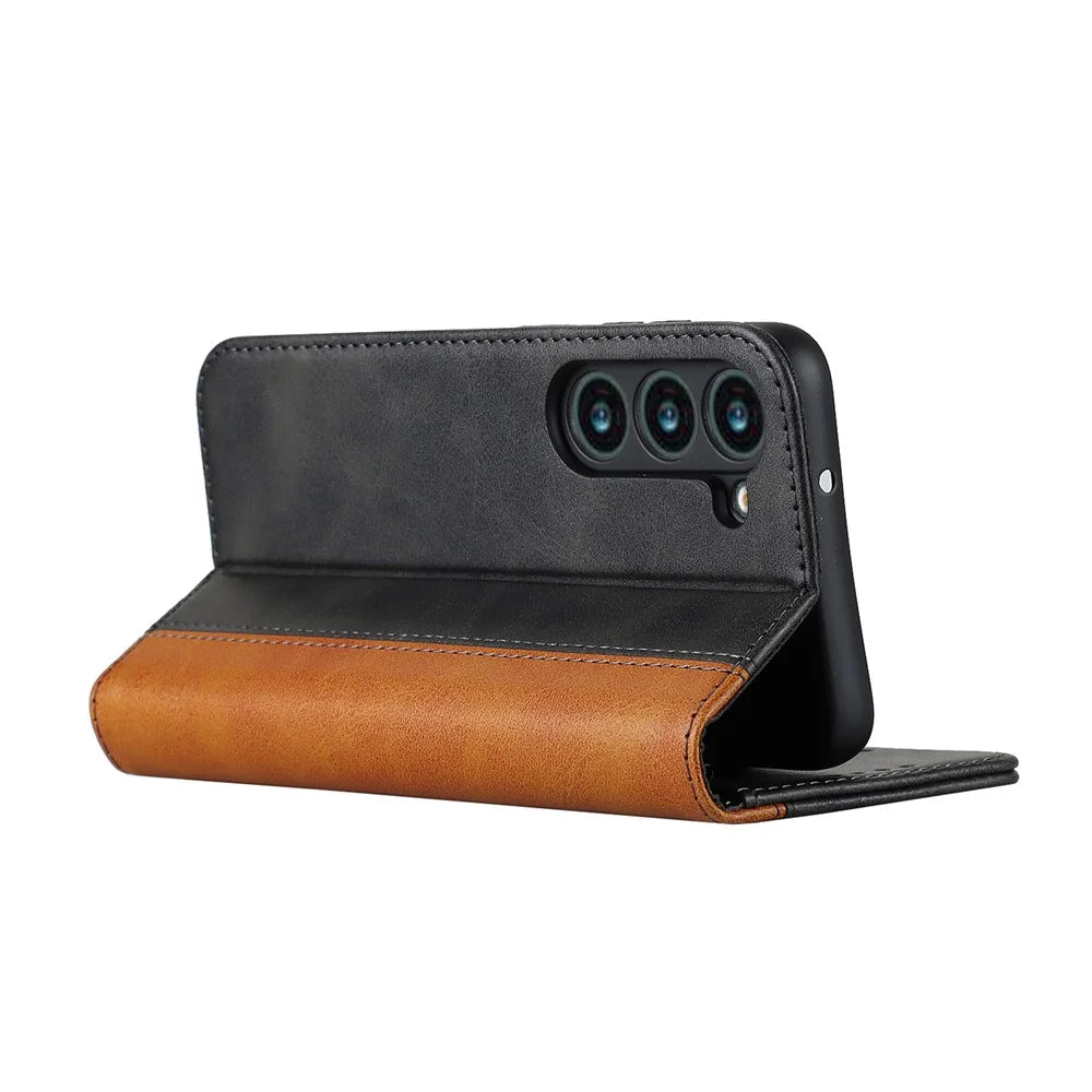 For Samsung Galaxy S23+ Phone Cover Bi-color Splicing Magnetic Closure PU Leather Calf Texture Stand Flip Wallet Case - Black / Yellow - 4