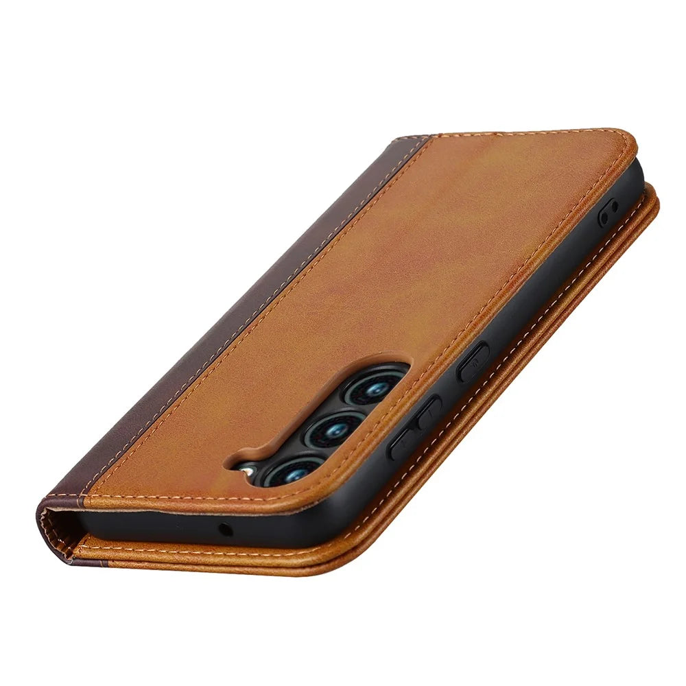 For Samsung Galaxy S23+ Phone Cover Bi-color Splicing Magnetic Closure PU Leather Calf Texture Stand Flip Wallet Case - Black / Yellow - 5
