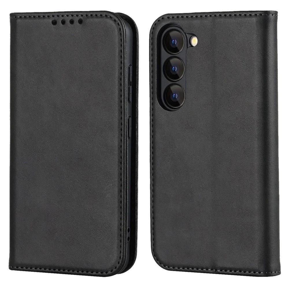 For Samsung Galaxy S23+ Phone Cover Calf Texture PU Leather Stand Magnetic Absorption Anti-Scratch Wallet Phone Case - Black - 1
