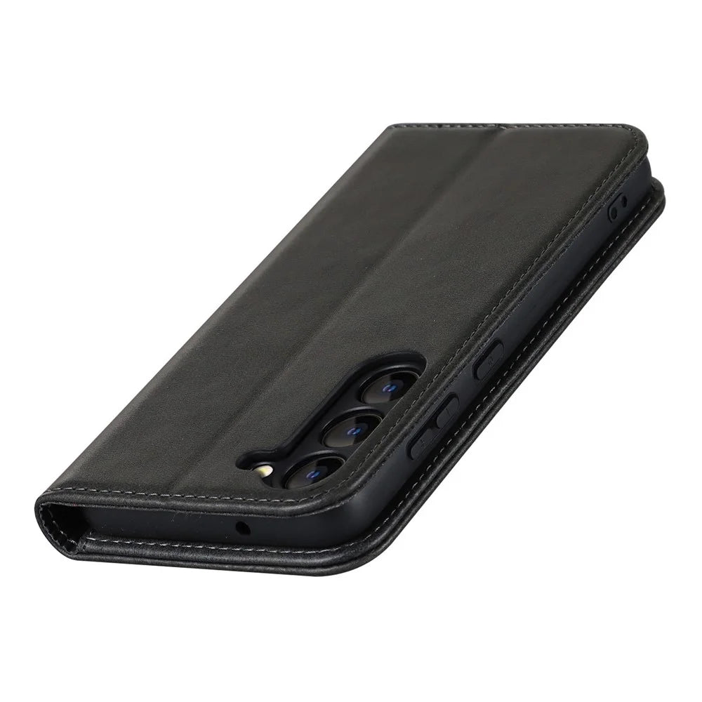 For Samsung Galaxy S23+ Phone Cover Calf Texture PU Leather Stand Magnetic Absorption Anti-Scratch Wallet Phone Case - Black - 5