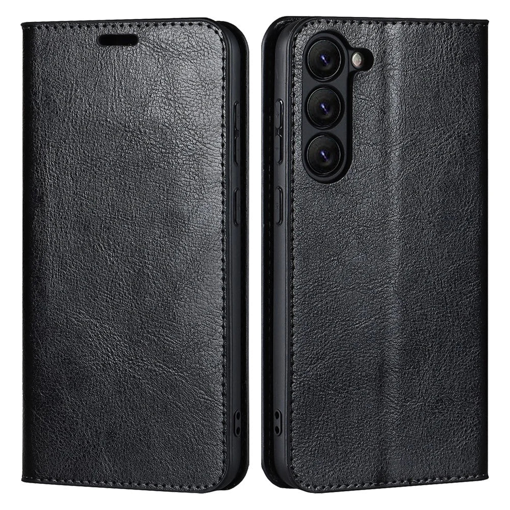 For Samsung Galaxy S23+ Magnetic Absorption Phone Cover Stand Flip Wallet Crazy Horse Texture Genuine Leather Phone Case - Black - 1