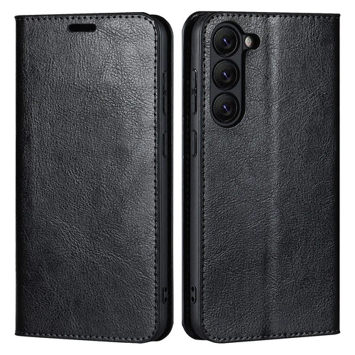 For Samsung Galaxy S23+ Magnetic Absorption Phone Cover Stand Flip Wallet Crazy Horse Texture Genuine Leather Phone Case - Black - 1
