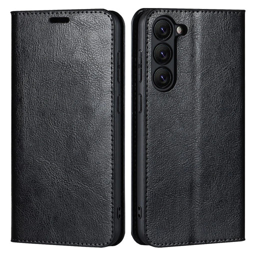 For Samsung Galaxy S23+ Magnetic Absorption Phone Cover Stand Flip Wallet Crazy Horse Texture Genuine Leather Phone Case - Black - 1