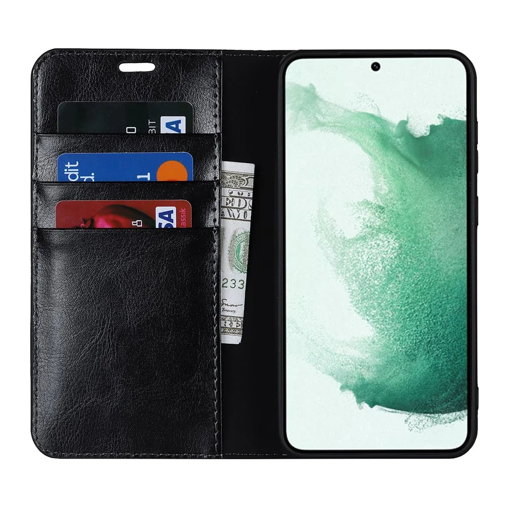 For Samsung Galaxy S23+ Magnetic Absorption Phone Cover Stand Flip Wallet Crazy Horse Texture Genuine Leather Phone Case - Black - 2