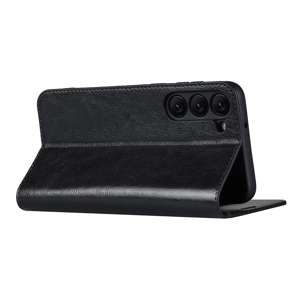 For Samsung Galaxy S23+ Magnetic Absorption Phone Cover Stand Flip Wallet Crazy Horse Texture Genuine Leather Phone Case - Black - 4