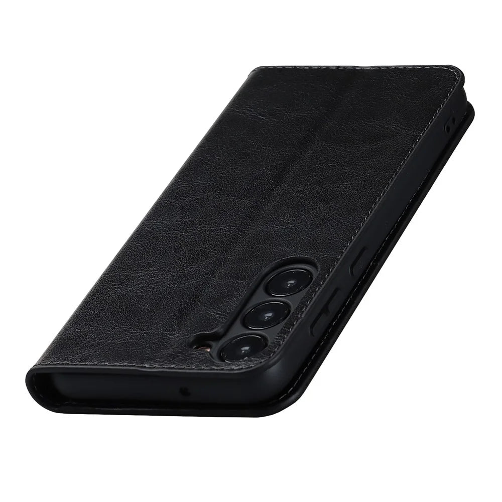 For Samsung Galaxy S23+ Magnetic Absorption Phone Cover Stand Flip Wallet Crazy Horse Texture Genuine Leather Phone Case - Black - 5