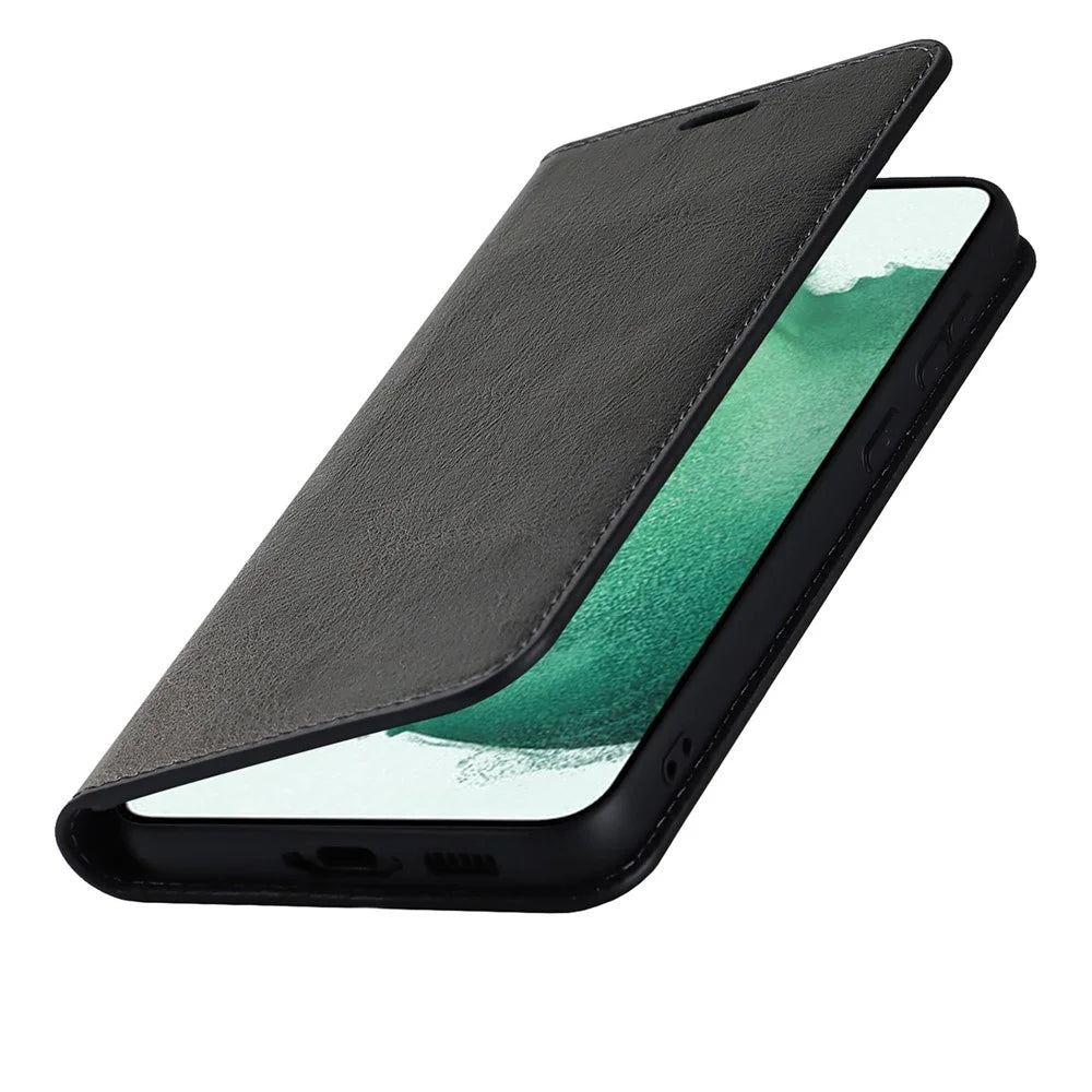For Samsung Galaxy S23+ Magnetic Absorption Phone Cover Stand Flip Wallet Crazy Horse Texture Genuine Leather Phone Case - Black - 6