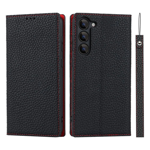 For Samsung Galaxy S23 Shockproof Litchi Texture Phone Case Flip Genuine Leather Wallet Stand Phone Protective Cover with Hand Strap - Black - 1