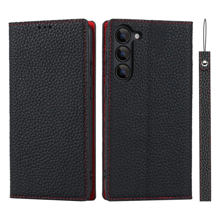 For Samsung Galaxy S23 Shockproof Litchi Texture Phone Case Flip Genuine Leather Wallet Stand Phone Protective Cover with Hand Strap - Black - 1