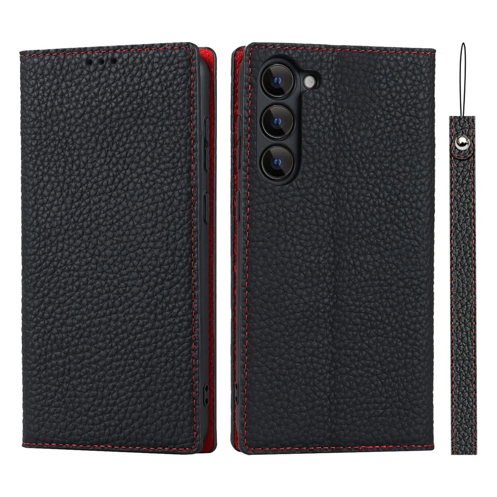 Genuine Leather+TPU Flip Cover for Samsung Galaxy S23+, Litchi Texture Wallet Stand Phone Protective Case Shell with Hand Strap - Black - 1