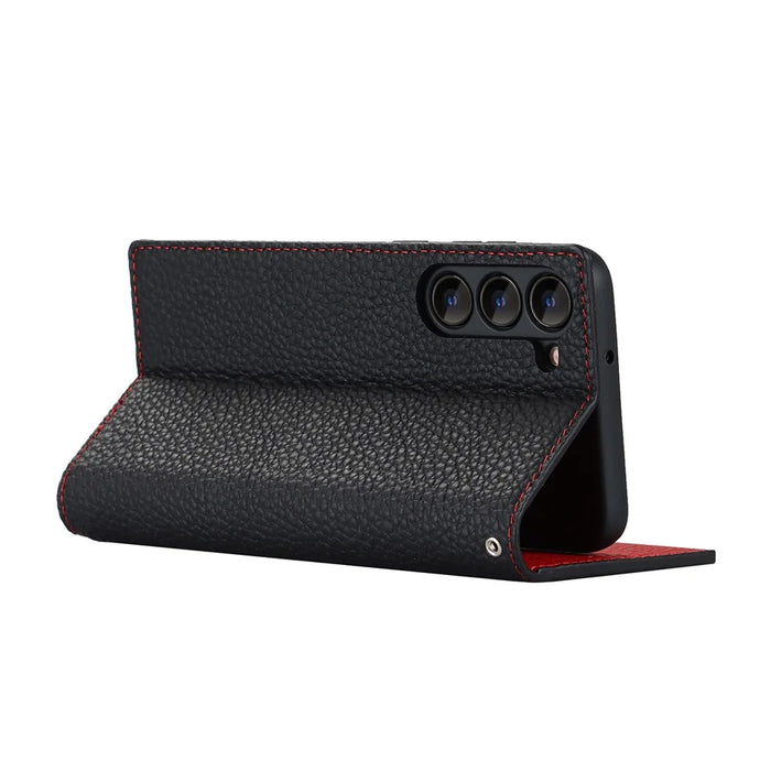 Genuine Leather+TPU Flip Cover for Samsung Galaxy S23+, Litchi Texture Wallet Stand Phone Protective Case Shell with Hand Strap - Black - 4